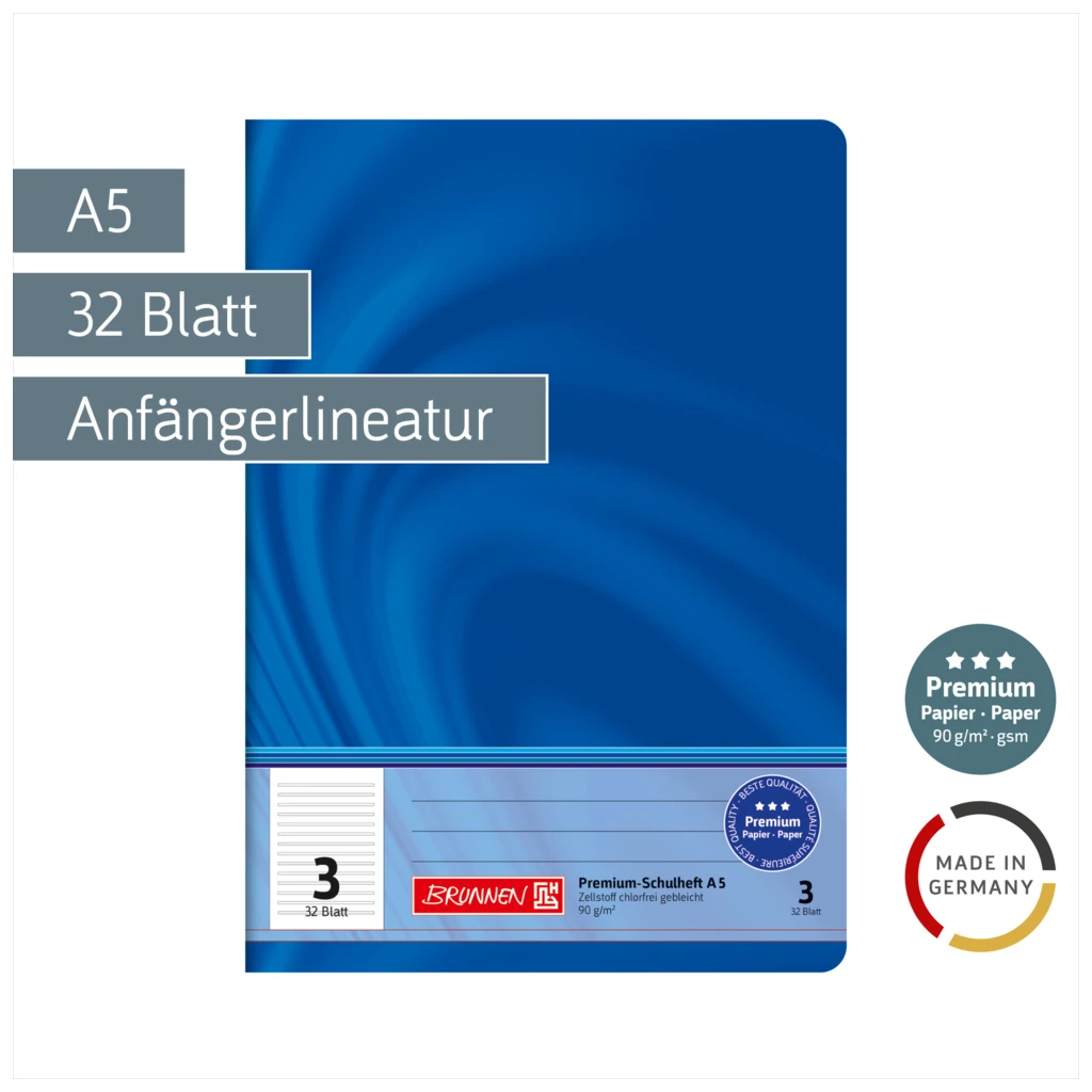 Schulheft Premium Vivendi | A5, Lineatur 3, 32 Blatt, blau
