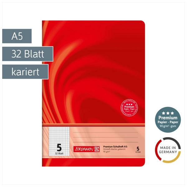 Schulheft Premium Vivendi | A5, Lineatur 5, 32 Blatt, rot