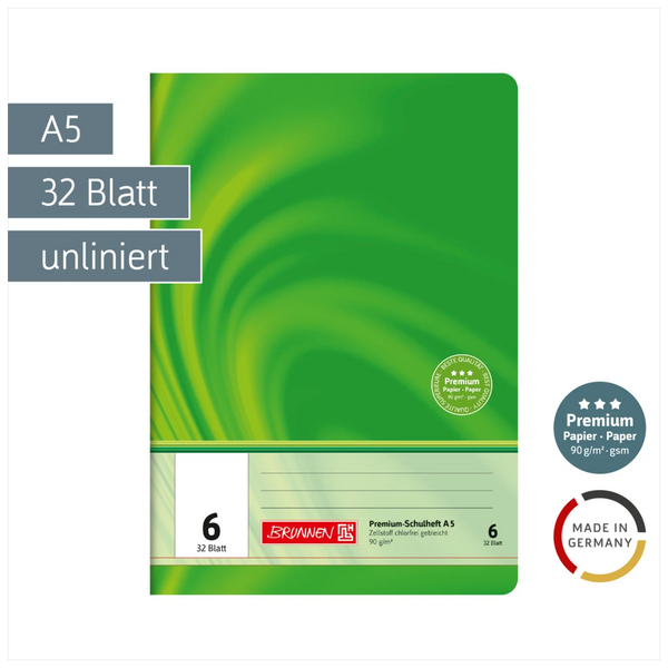 Schulheft Premium Vivendi | A5, Lineatur 6, 32 Blatt, grün