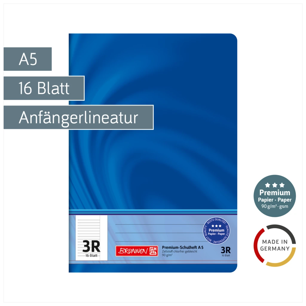Schulheft Premium Vivendi | A5, Lineatur 3R, 16 Blatt, blau