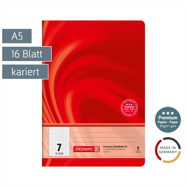 Schulheft Premium Vivendi | A5, Lineatur 7, 16 Blatt, rot