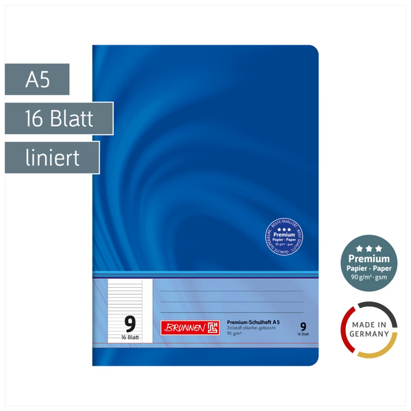Schulheft Premium Vivendi | A5, Lineatur 9, 16 Blatt, blau