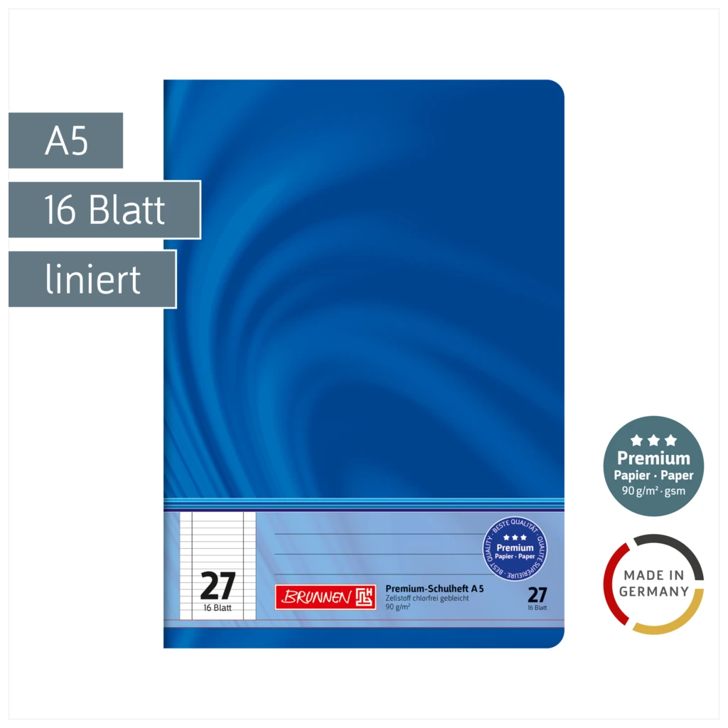 Schulheft Premium Vivendi | A5, Lineatur 27, 16 Blatt, blau