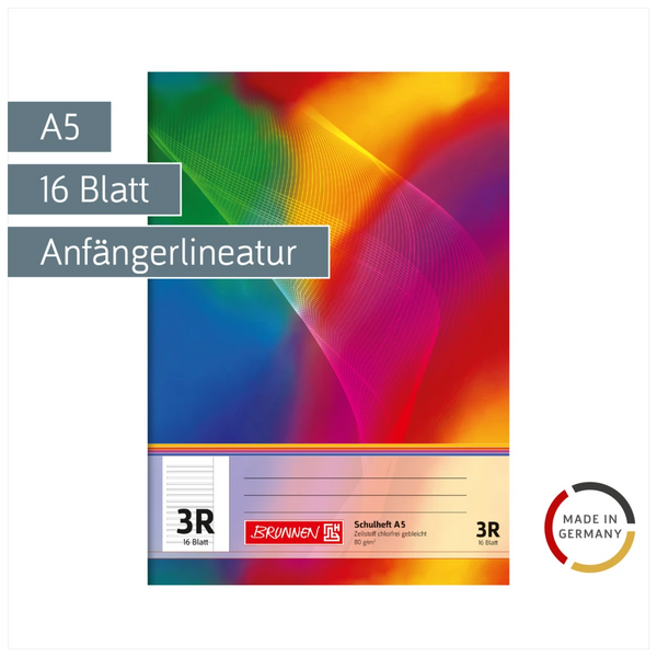 Schulheft | A5, Lineatur 3R, 16 Blatt, mehrfarbig
