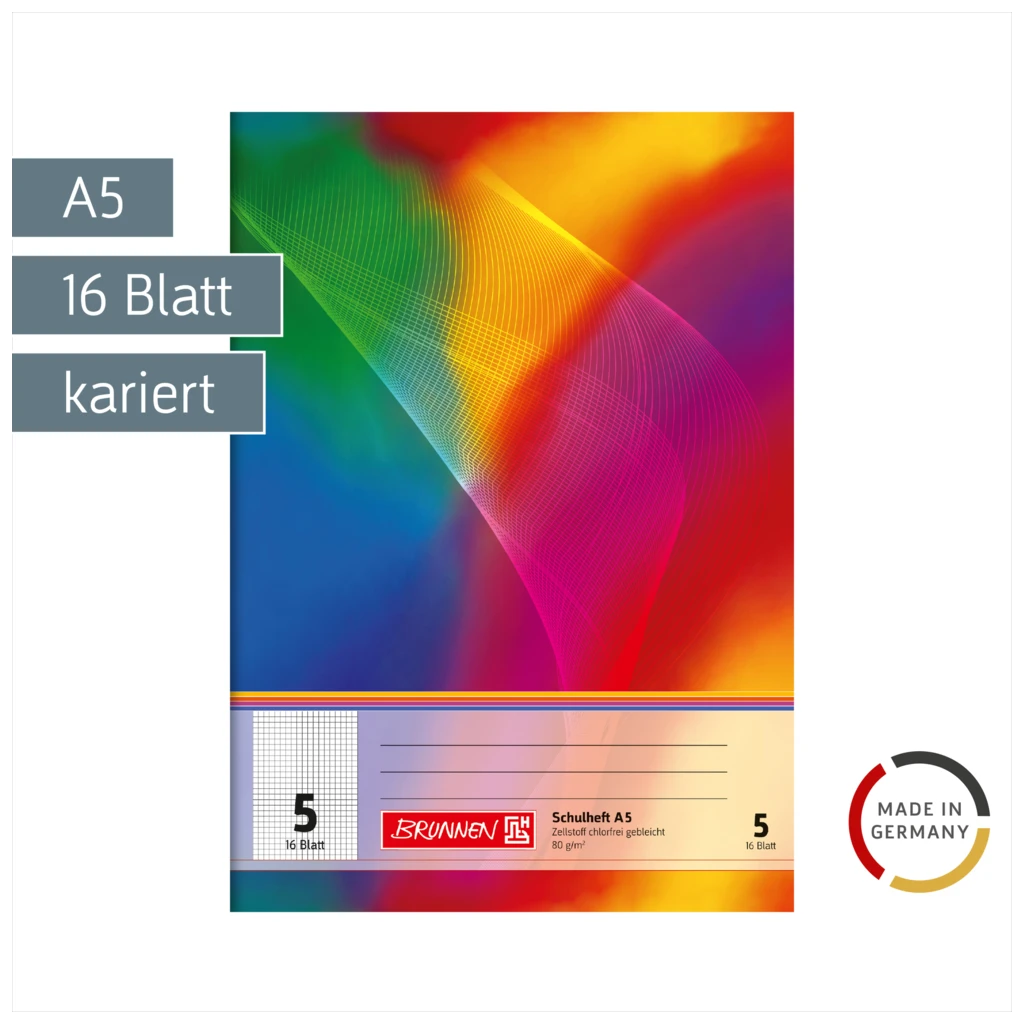 Schulheft | A5, Lineatur 5, 16 Blatt, mehrfarbig