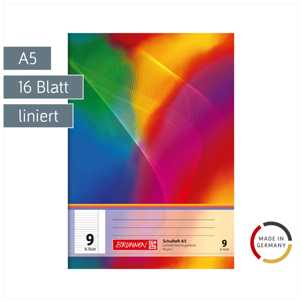 Schulheft | A5, Lineatur 9, 16 Blatt, mehrfarbig