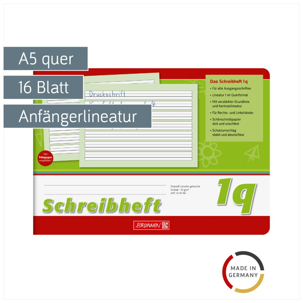 Schreibheft | A5 quer, Lineatur 1q, 16 Blatt, grün