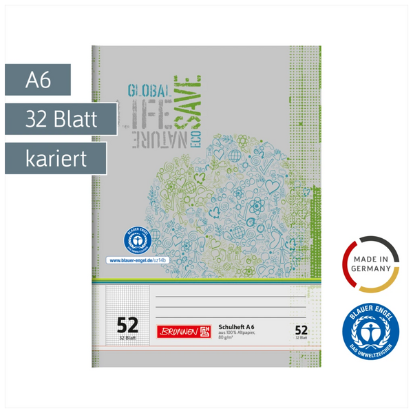 Schulheft Recycling | A6, Lineatur 52, 32 Blatt, grün/grau