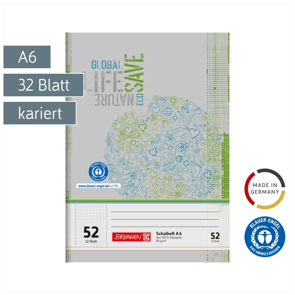 Schulheft Recycling | A6, Lineatur 52, 32 Blatt, grün/grau