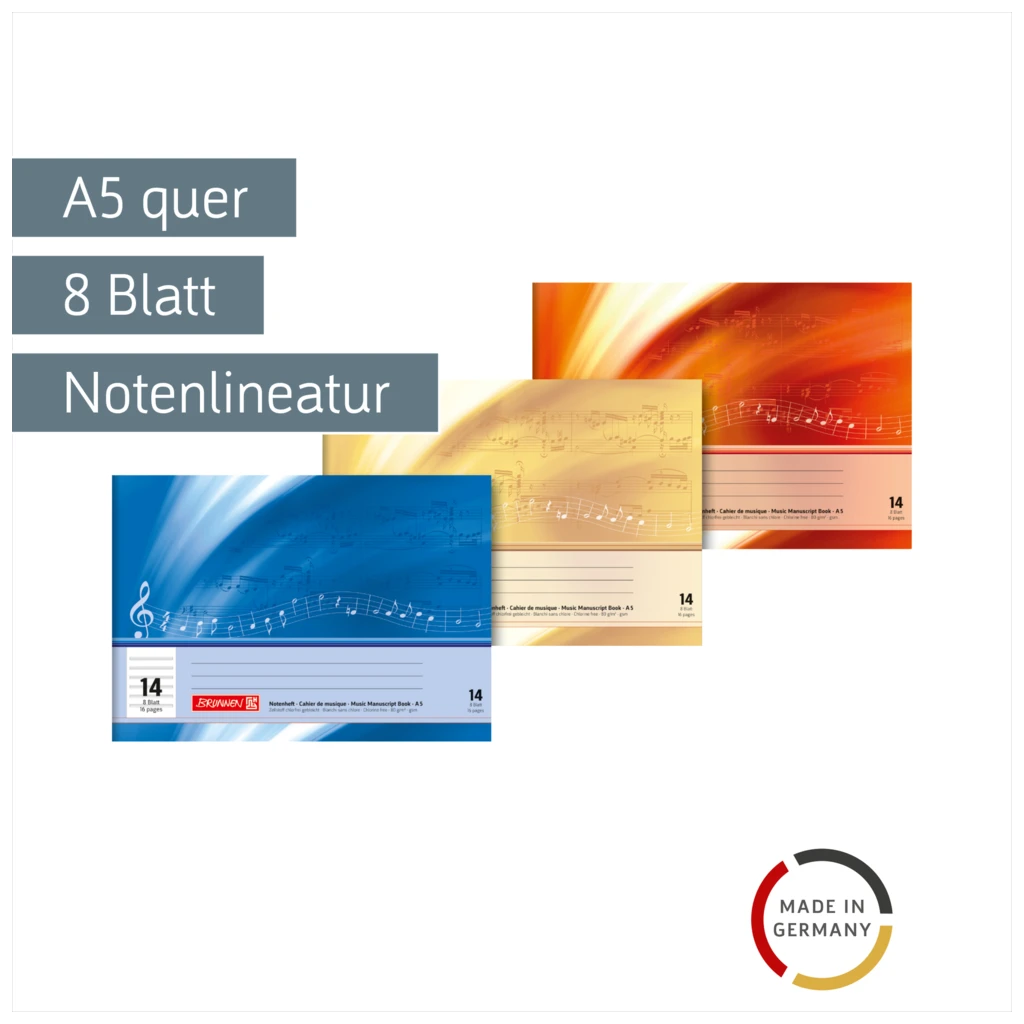 Notenheft | A5 quer, Lineatur 14, 8 Blatt, sortiert