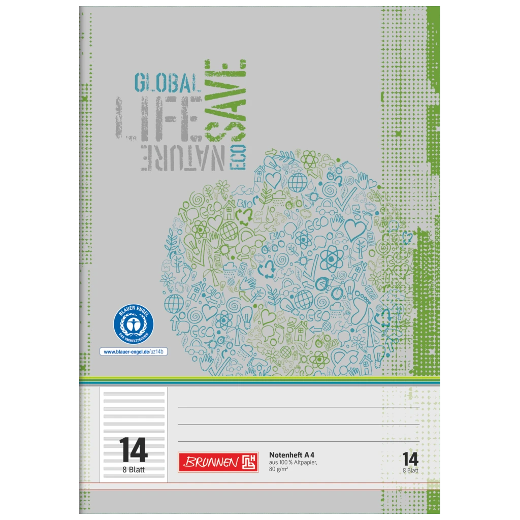 Notenheft Recycling | A4, Lineatur 14, 8 Blatt, grün/grau