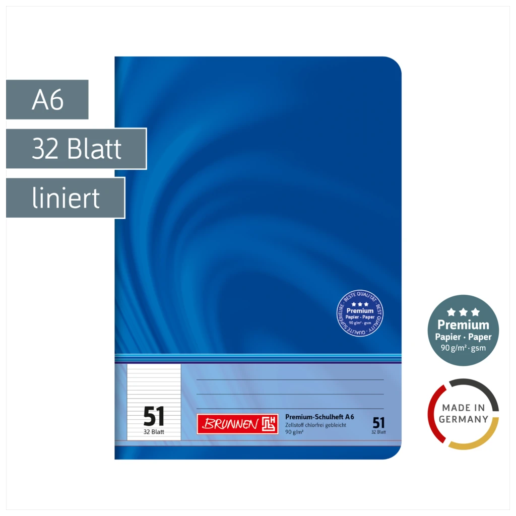 Schulheft Premium Vivendi | A6, Lineatur 51, 32 Blatt, blau