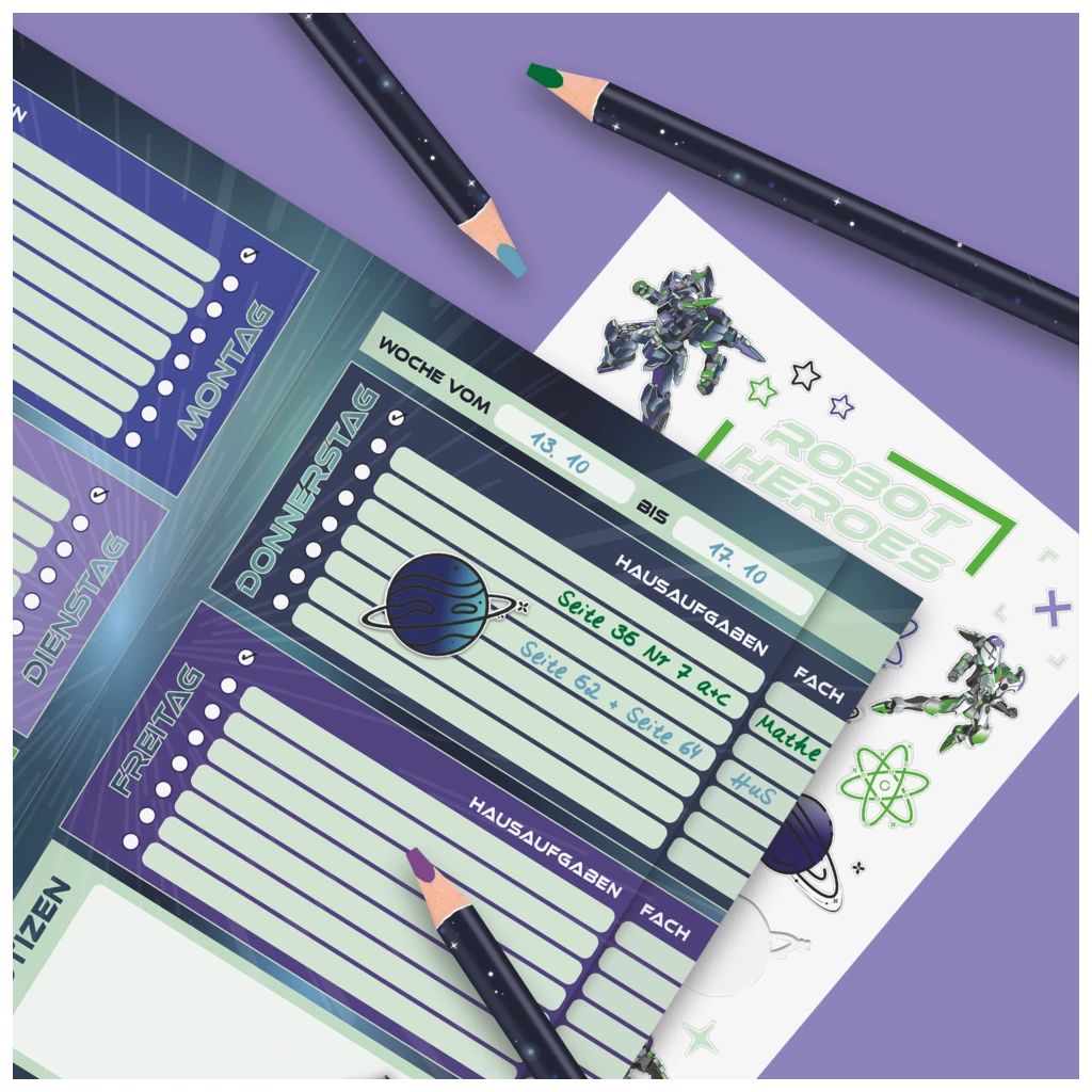 Hausaufgabenheft Robot Heroes | 48 Blatt, dunkelblau/grün