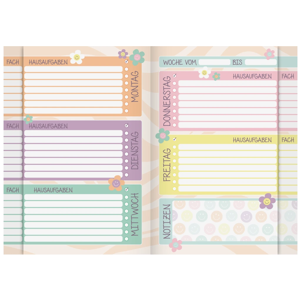 Hausaufgabenheft Happy Hippie | A5, 48 Blatt, mehrfarbig, pastell