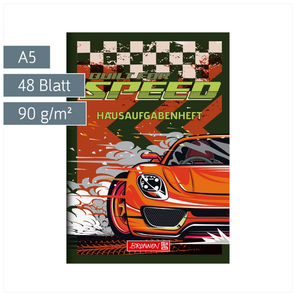 Hausaufgabenheft Fast Wheels | A5, 48 Blatt, grün/mehrfarbig