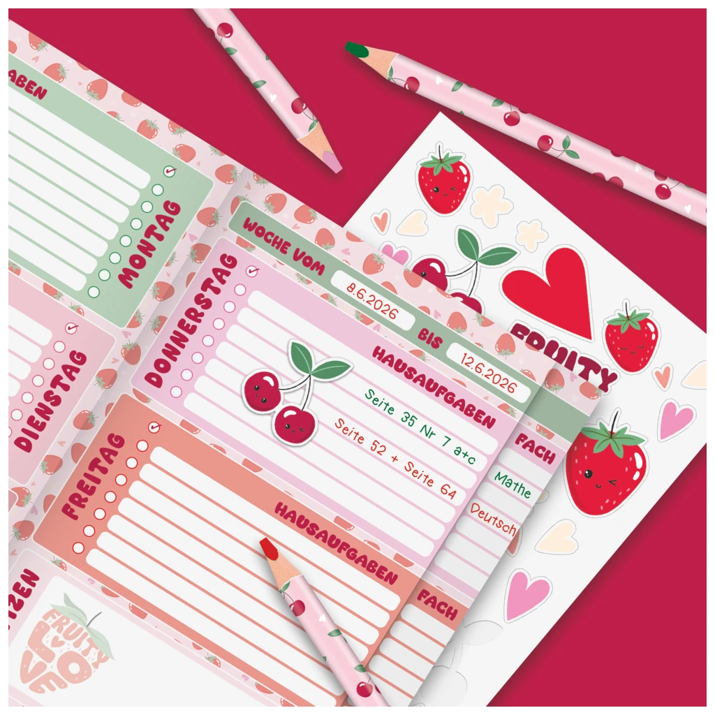 Hausaufgabenheft Fruity Love | A5, 48 Blatt, rosa/rot
