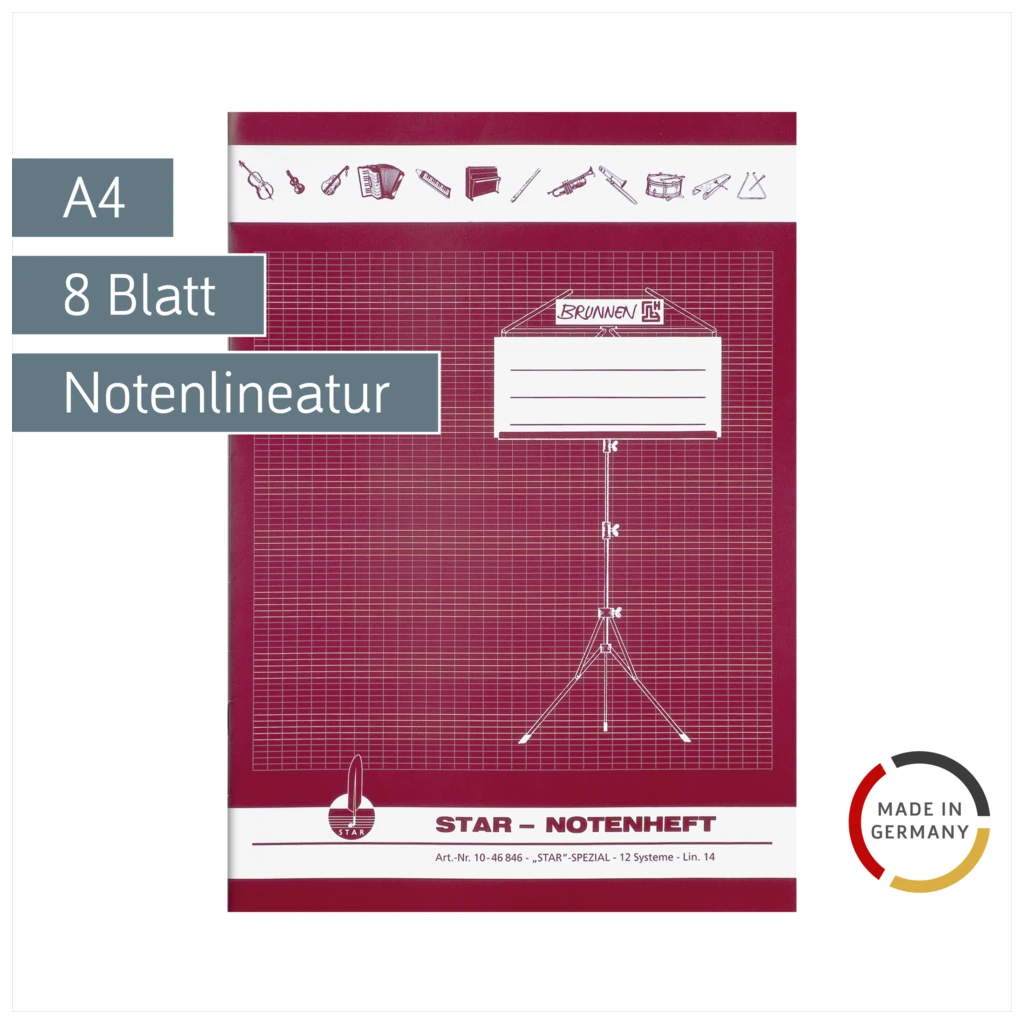 Star-Notenheft | A4, Notenlineatur, 8 Blatt, bordeaux