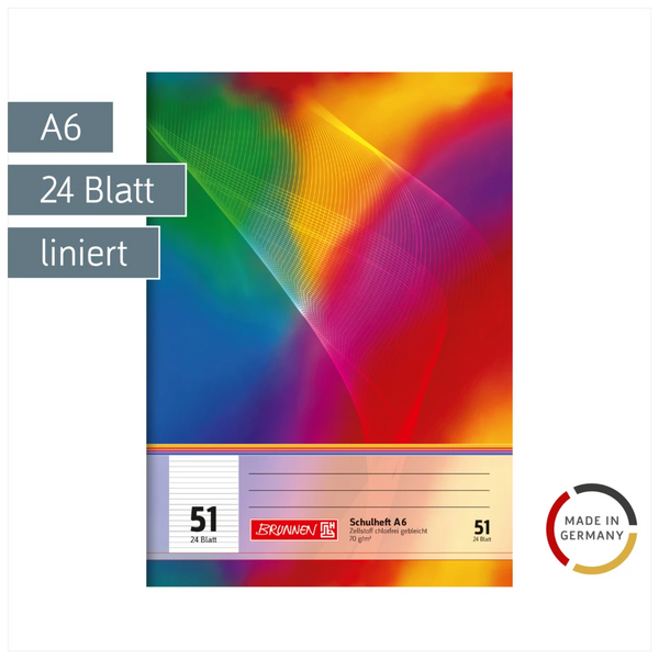 Schulheft | A6, Lineatur 51, 24 Blatt, mehrfarbig