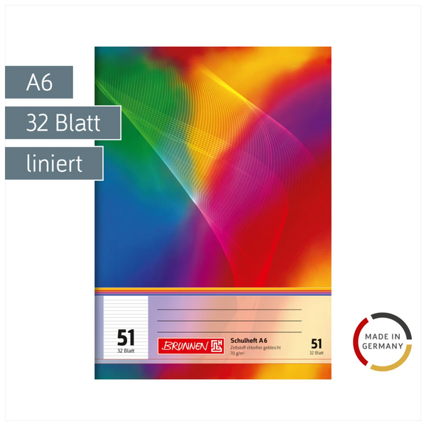 Schulheft | A6, Lineatur 51, 32 Blatt, mehrfarbig