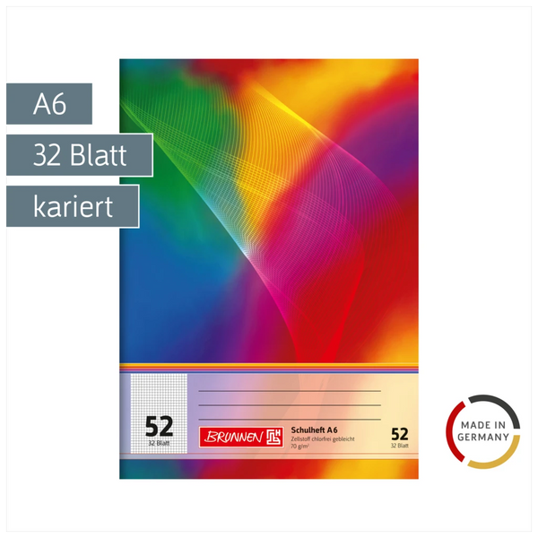 Schulheft | A6, Lineatur 52, 32 Blatt, mehrfarbig