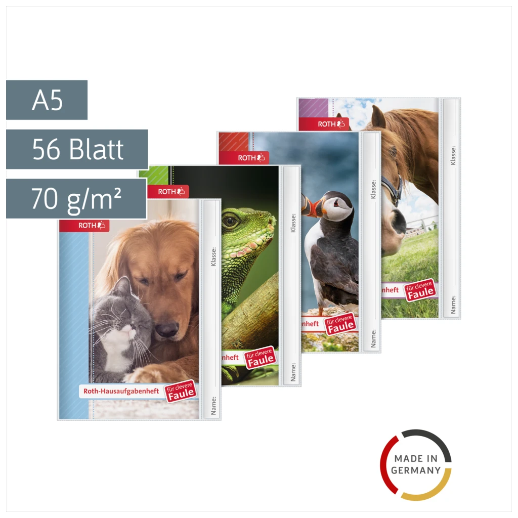 Hausaufgabenheft Für clevere Faule „Tiere“ | A5, 56 Blatt, sortiert