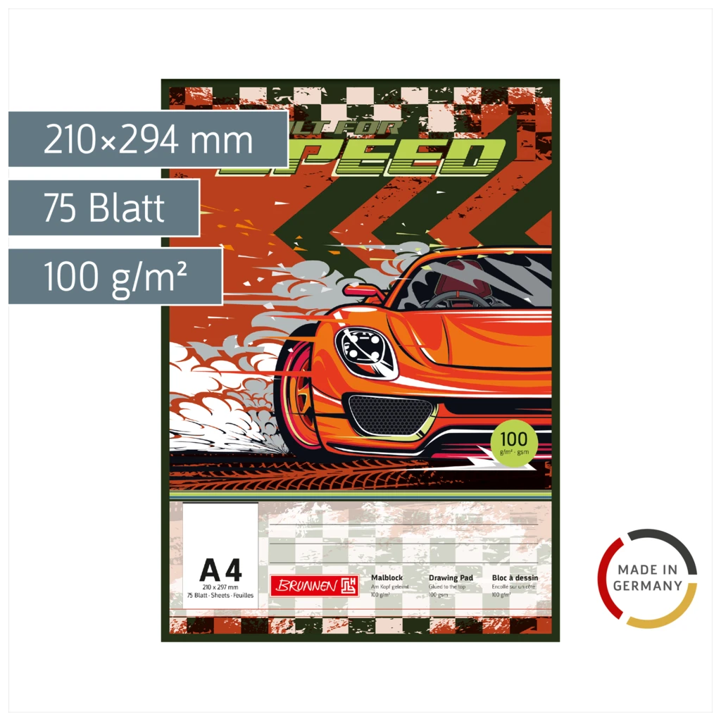 Malblock Fast Wheels | A4, 75 Blatt, rot/mehrfarbig