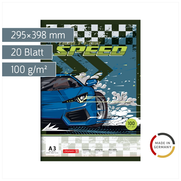 Zeichenblock Fast Wheels | A3, 20 Blatt, blau/mehrfarbig