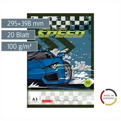 Zeichenblock Fast Wheels | A3, 20 Blatt, blau/mehrfarbig