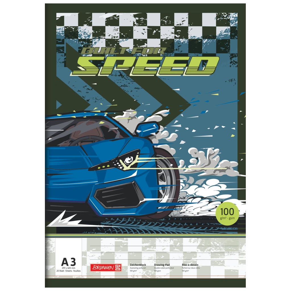 Zeichenblock Fast Wheels | A3, 20 Blatt, blau/mehrfarbig