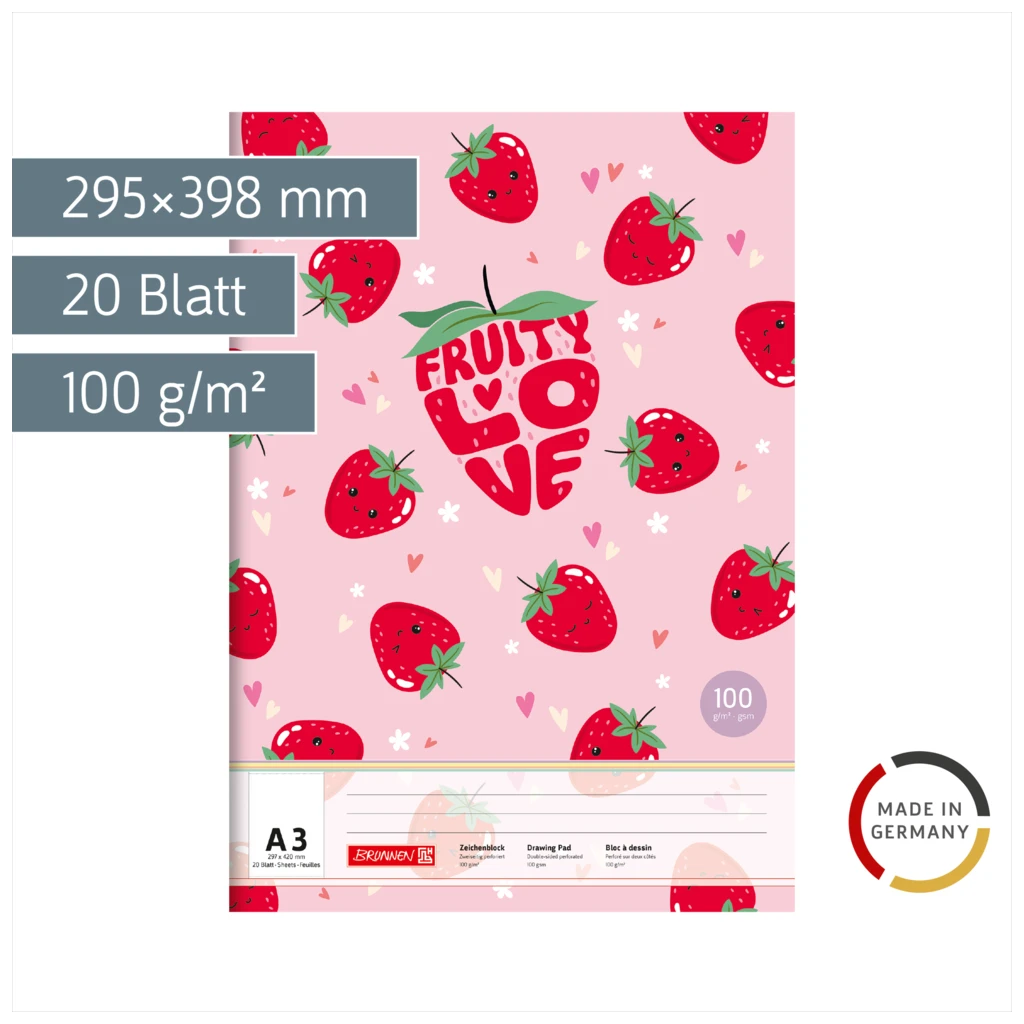 Zeichenblock Fruity Love | A3, 20 Blatt, rosa/rot
