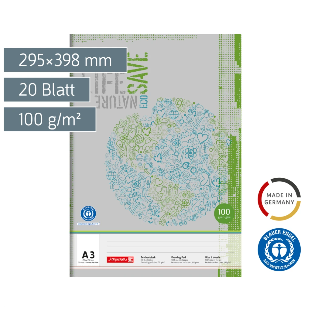 Zeichenblock Recycling | A3, 20 Blatt, mehrfarbig