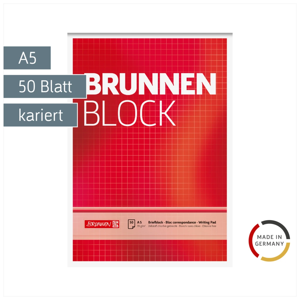 Briefblock „BRUNNEN-Block“ | A5, Lineatur 5, 50 Blatt, rot