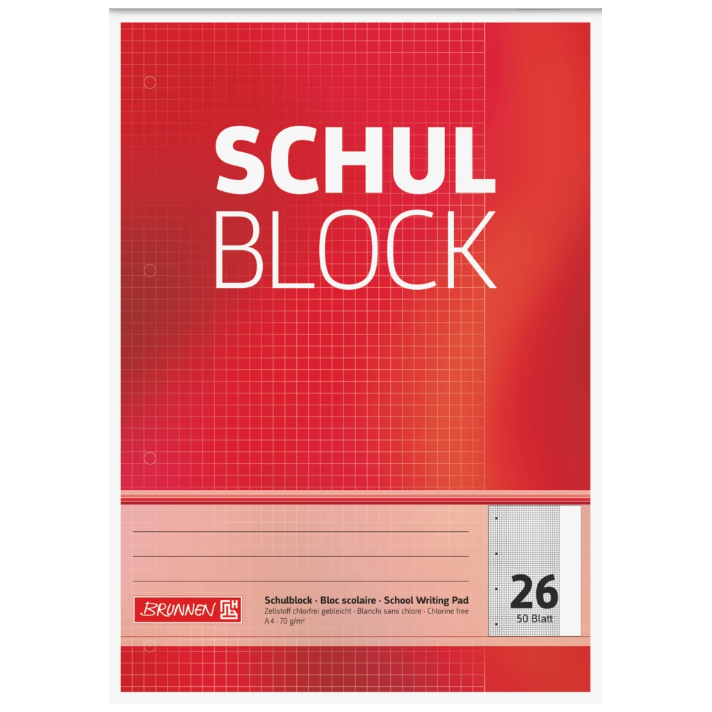 Schulblock gelocht | A4, Lineatur 26, 50 Blatt, rot