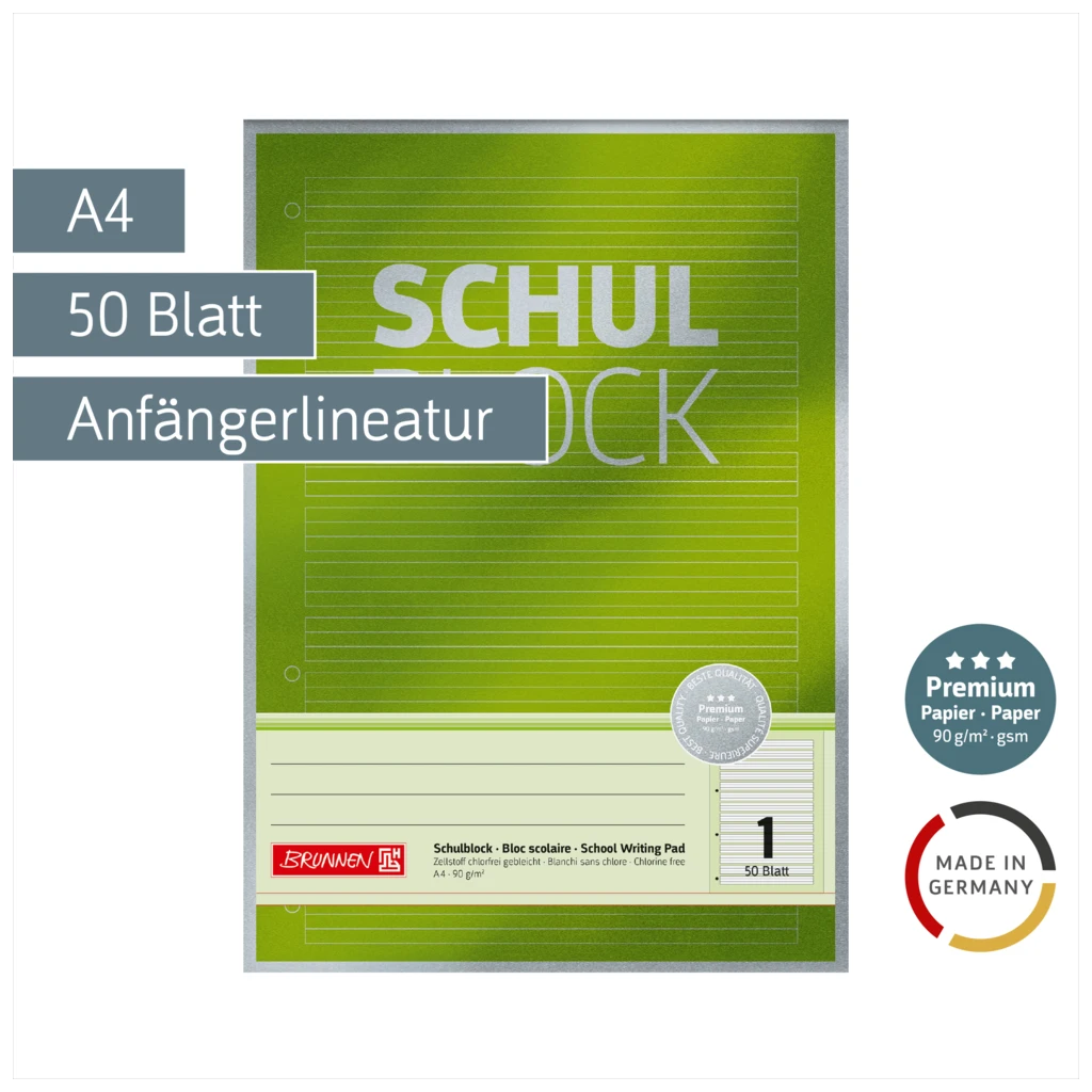 Schulblock Premium | A4, Lineatur 1, 50 Blatt, grün