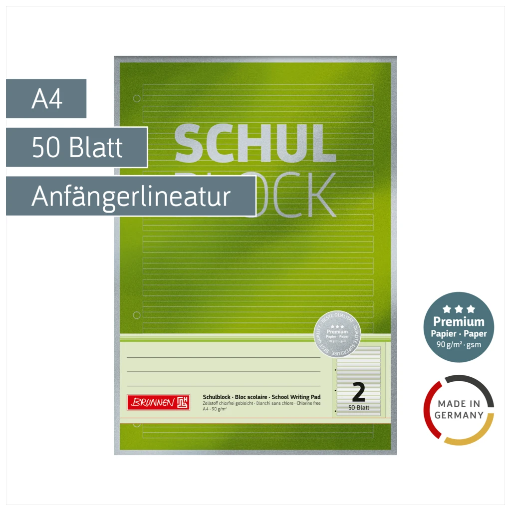 Schulblock Premium | A4, Lineatur 2, 50 Blatt, grün
