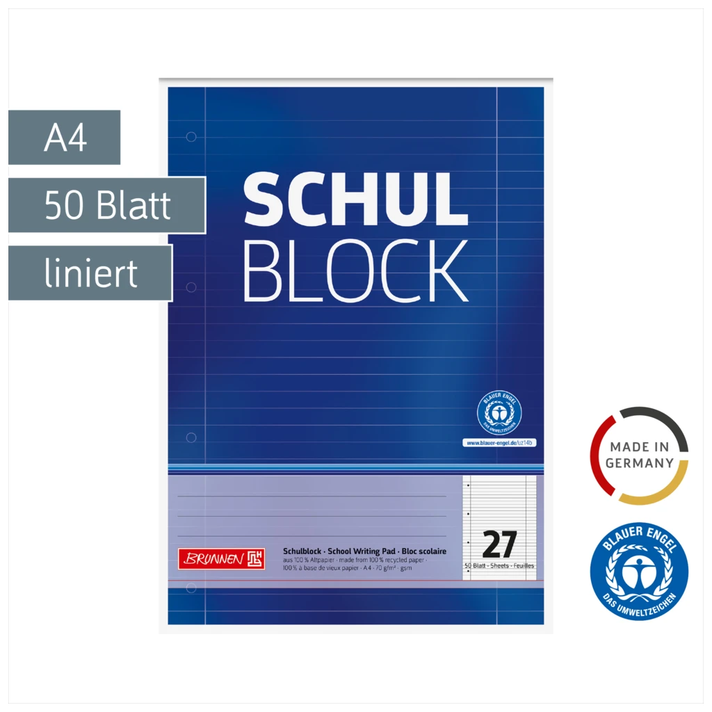 Schulblock Recycling gelocht | A4, Lineatur 27, 50 Blatt, blau