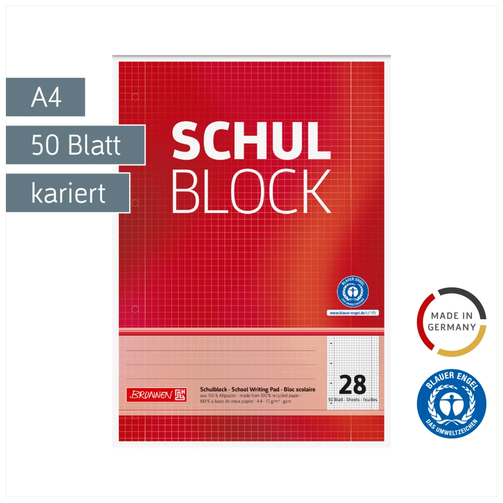 Schulblock Recycling gelocht | A4, Lineatur 28, 50 Blatt, rot