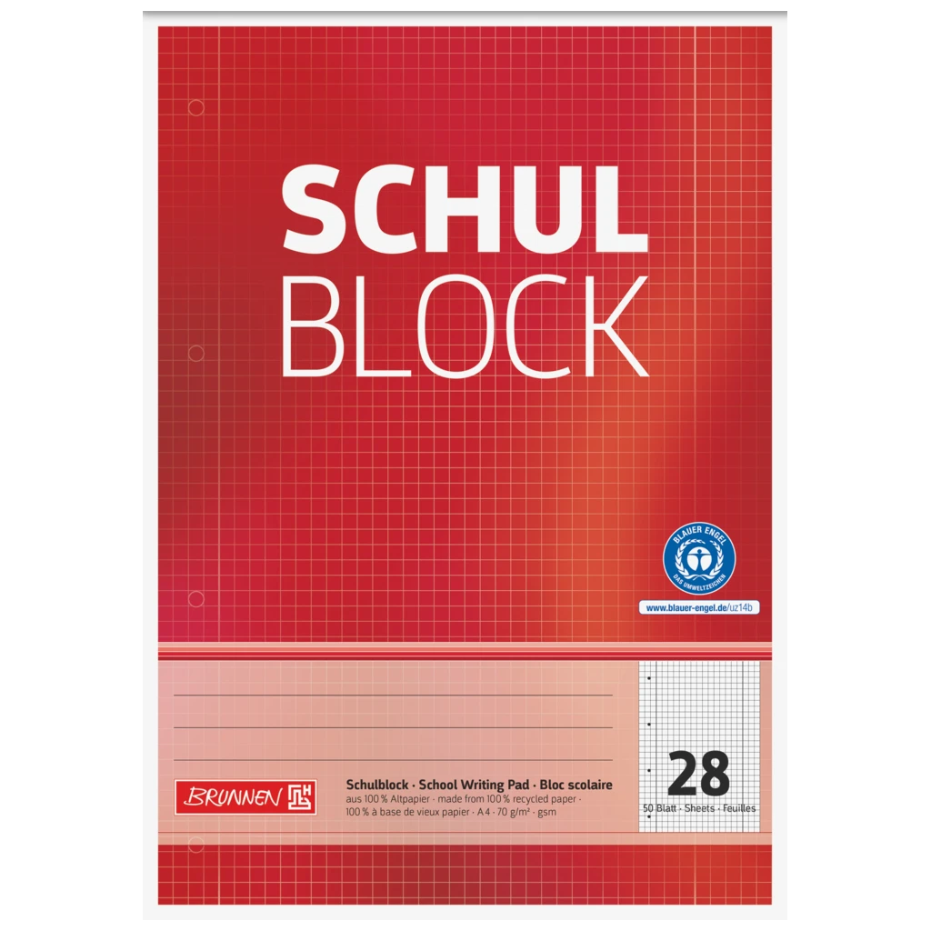 Schulblock Recycling gelocht | A4, Lineatur 28, 50 Blatt, rot