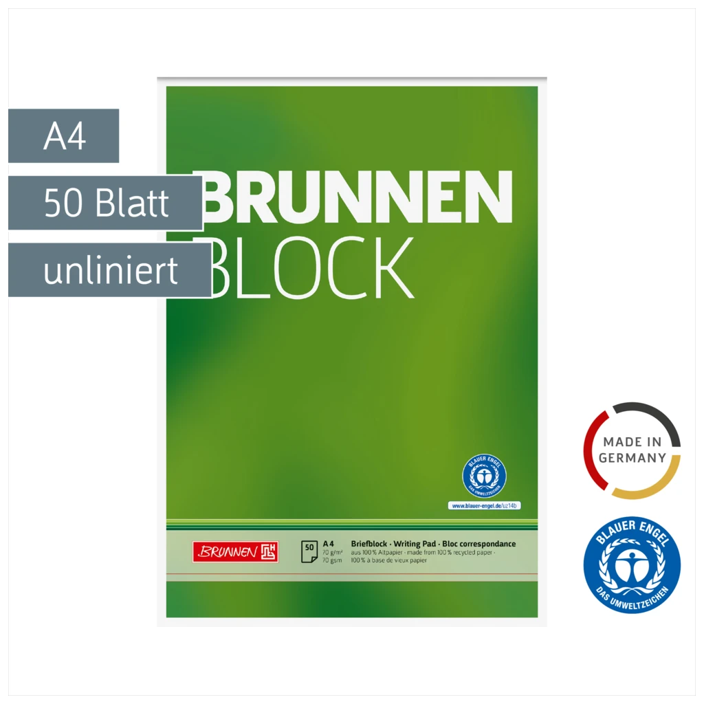 Briefblock „BRUNNEN Block“ Recycling | A4, Lineatur 20, 50 Blatt, grün