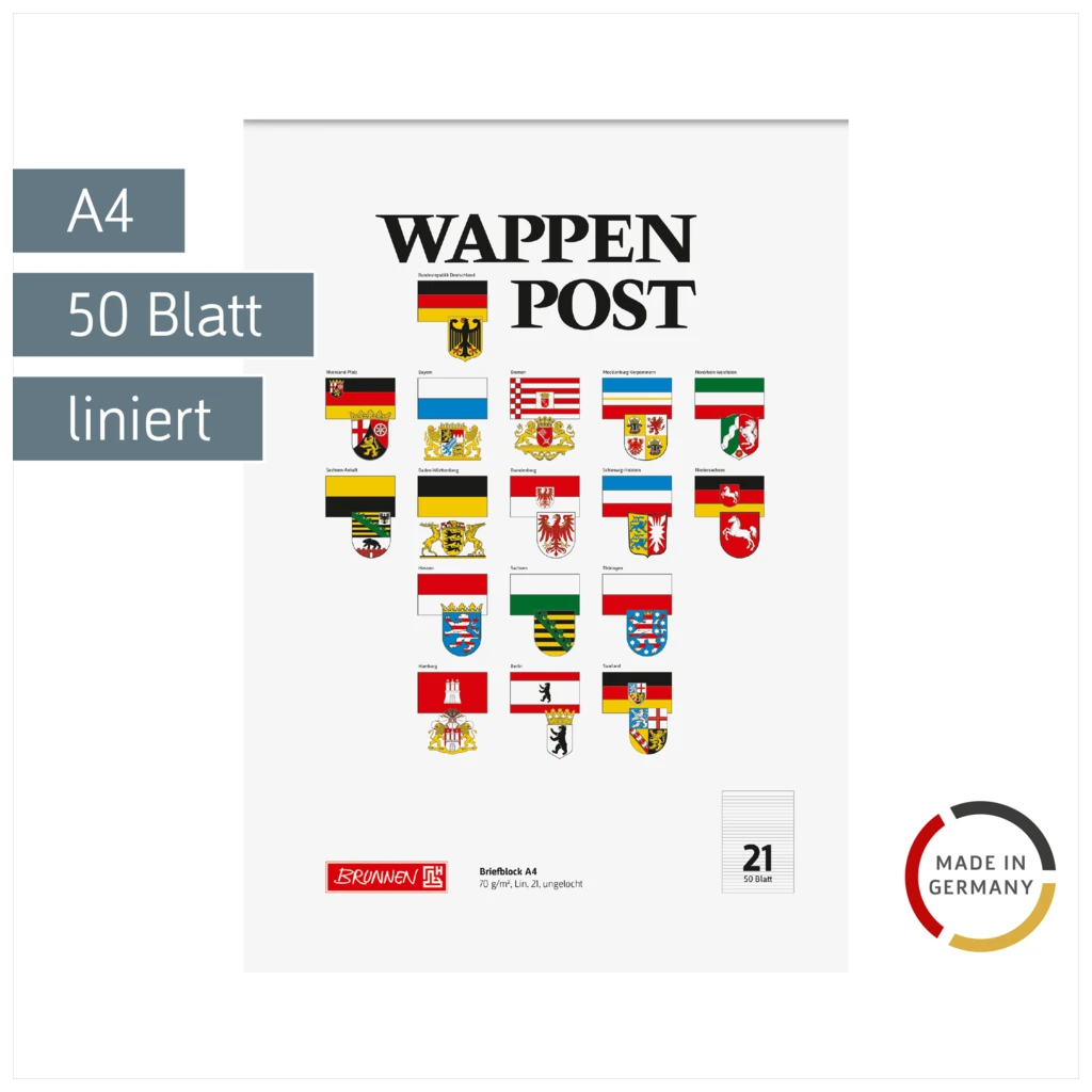 Briefblock „Wappen-Post“ | A4, Lineatur 21, 50 Blatt, mehrfarbig