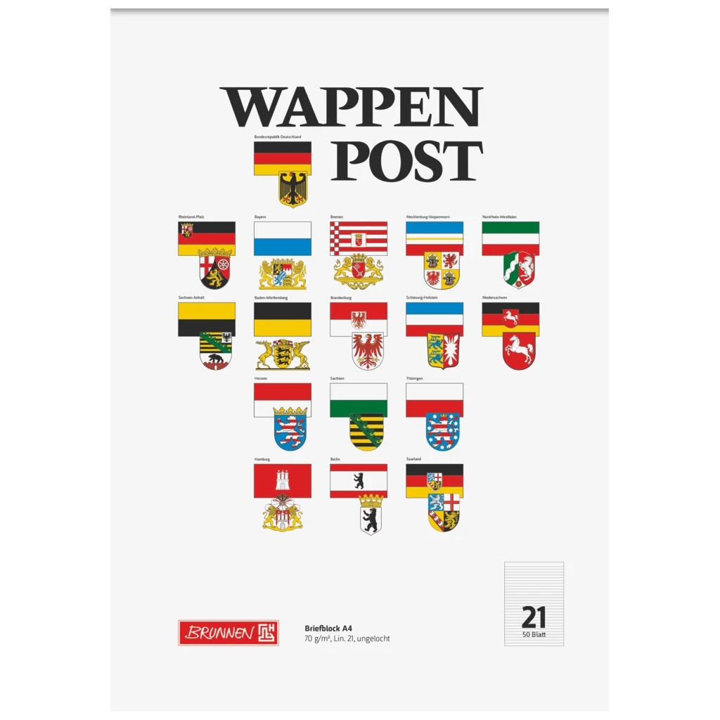 Briefblock „Wappen-Post“ | A4, Lineatur 21, 50 Blatt, mehrfarbig