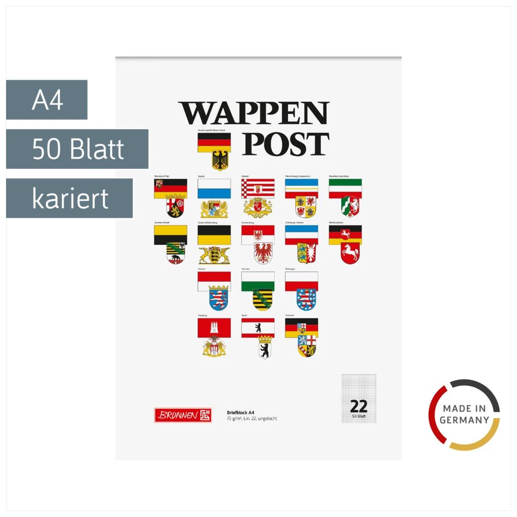 Briefblock „Wappen-Post“ | A4, Lineatur 22, 50 Blatt, mehrfarbig