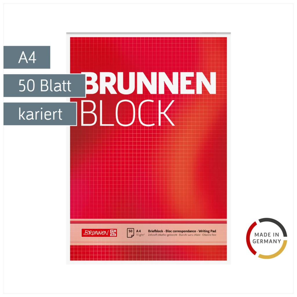 Briefblock „BRUNNEN-Block“ | A4, Lineatur 22, 50 Blatt, rot