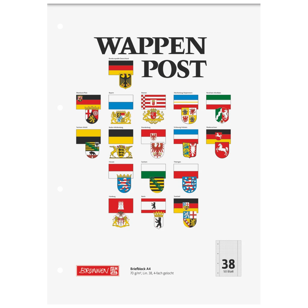 Briefblock „Wappen-Post“ gelocht | A4, Lineatur 38, 50 Blatt, mehrfarbig