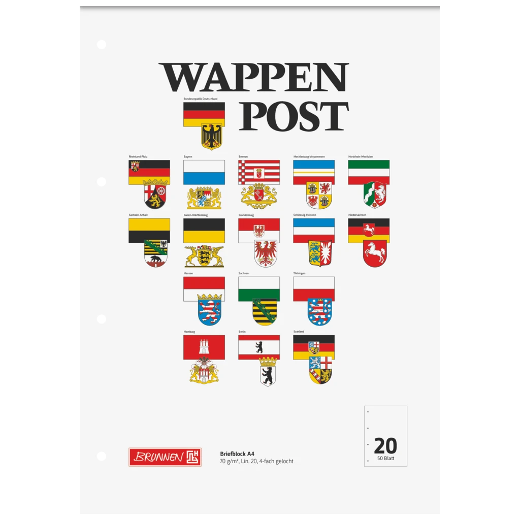 Briefblock „Wappen-Post“ gelocht | A4, Lineatur 20, 50 Blatt, mehrfarbig