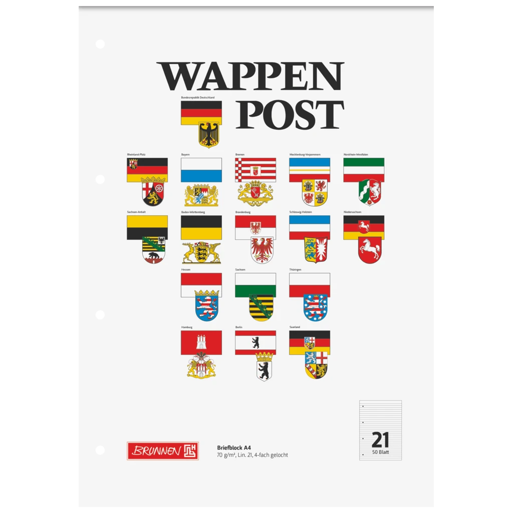 Briefblock „Wappen-Post“ gelocht | A4, Lineatur 21, 50 Blatt, mehrfarbig