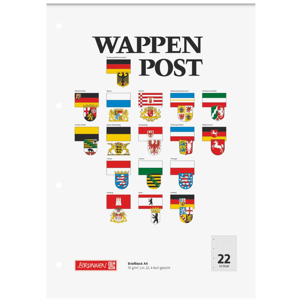 Briefblock „Wappen-Post“ gelocht | A4, Lineatur 22, 50 Blatt, mehrfarbig