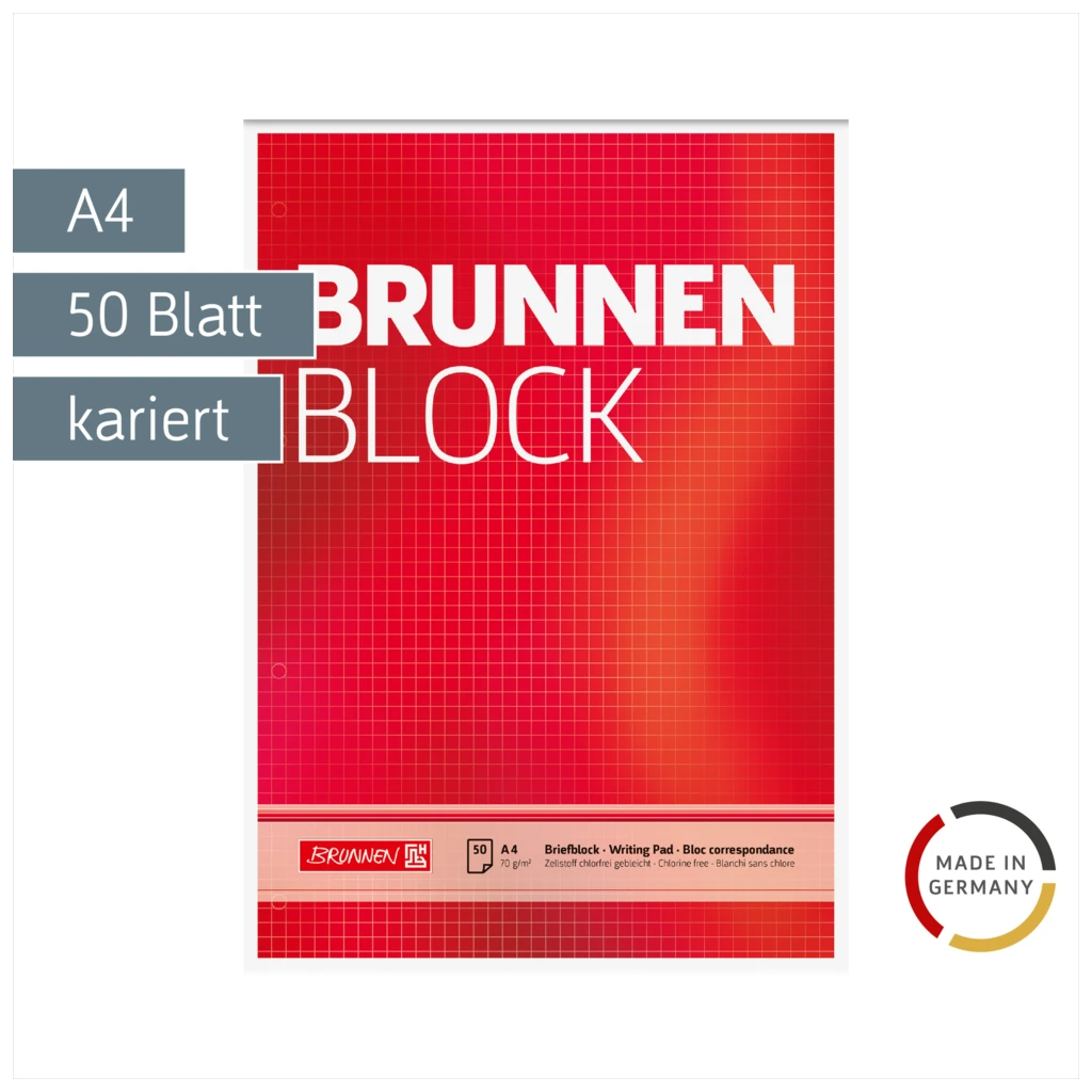 Briefblock „BRUNNEN Block“ gelocht | A4, Lineatur 22, 50 Blatt, rot