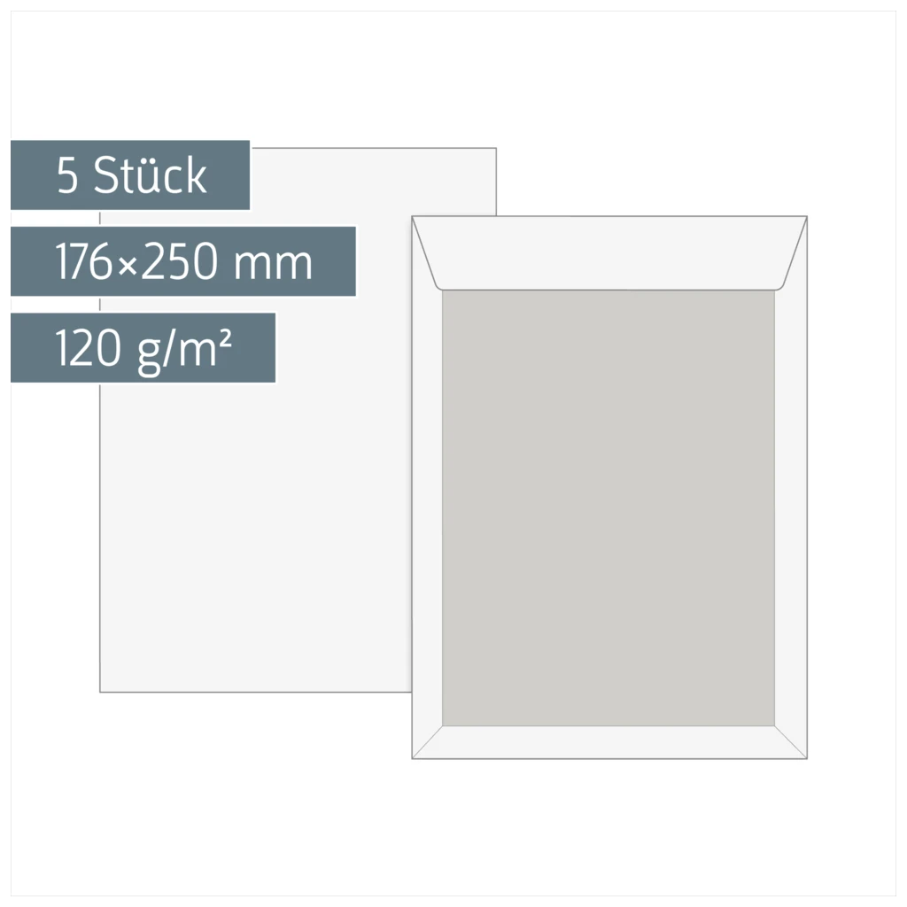 Versandtaschen mit Kartonrückwand | 176×250 mm, B5, 120 g/m², weiß, 5 Stück