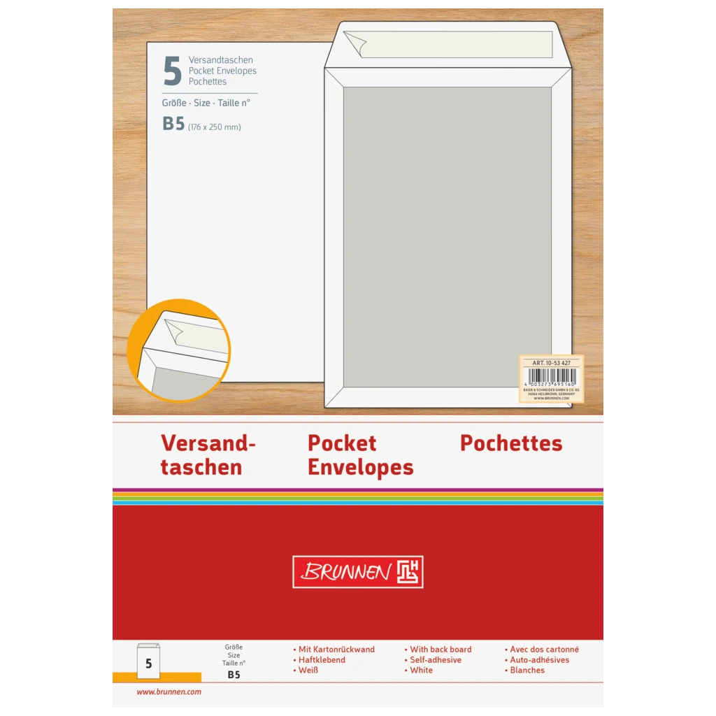 Versandtaschen mit Kartonrückwand | 176×250 mm, B5, 120 g/m², weiß, 5 Stück